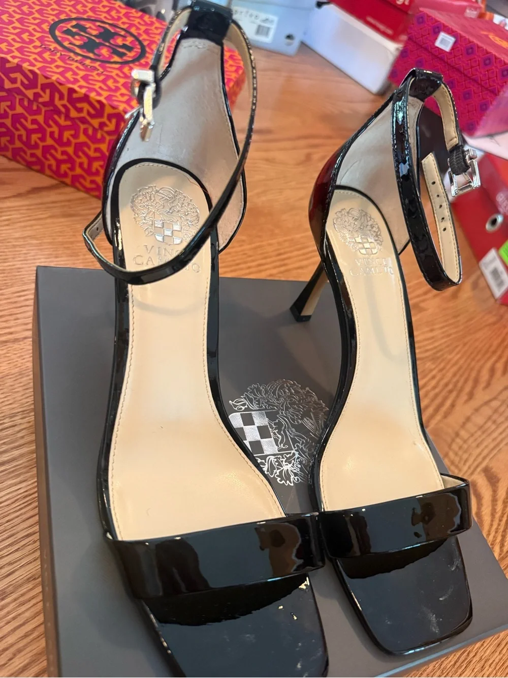 Vince Camuto Black Patent Ankle-Strap Heels
